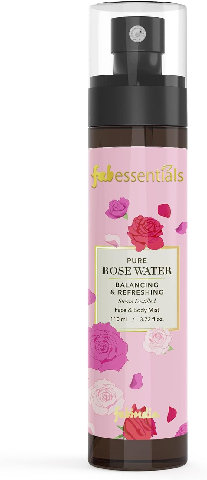 Fabessentials Pure Rose Water|100% Steam-Distilled Bulgarian Rose Mist|Alcohol-Free Face Toner & Hydrating Skin Refresher|Balances pH,Tightens Pores & Brightens Skin|For Face & Body |Women & Men|110ml