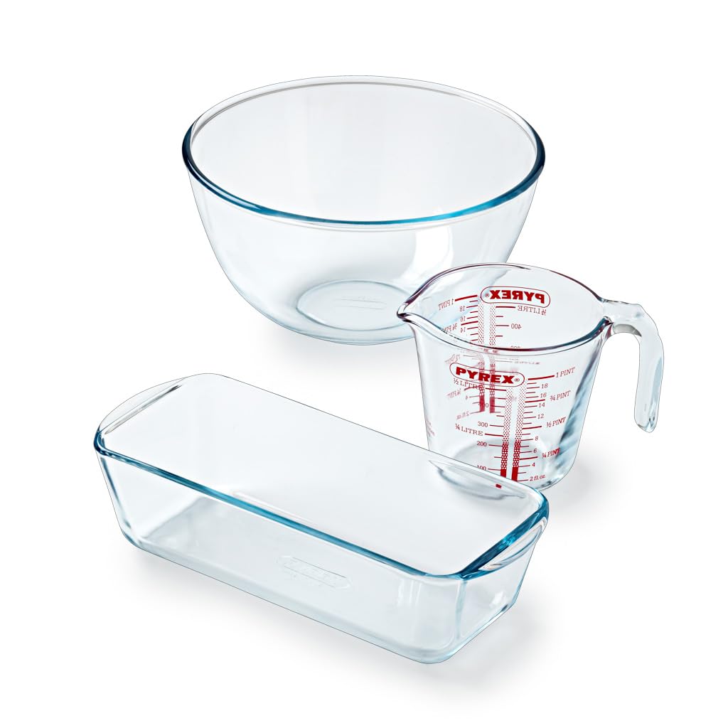 Kit Pasticceria Pyrex 3 Pezzi – Misurino 0,5L, Ciotola 2L E Teglia 31 Cm, In Vetro Borosilicato, Fatto In Francia