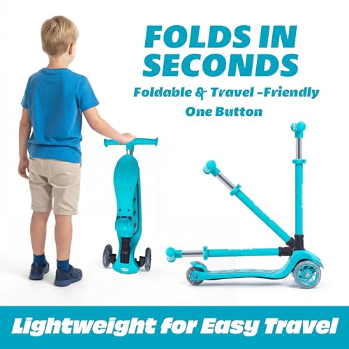 Image of SKIDEE Kick Scooter for Kids Ages 3-5 | Foldable 3 Wheel Scooter with Lean-to-Steer, Adjustable Height, Removable Seat & LED Light Wheels | Toddler Scooter Up to 12 Year Old Boys /Girls