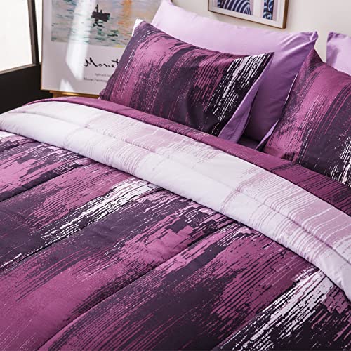 Muginyu Purple Comforter Set Queen Size, 8 Piece Bed In A Bag Abstract Art Painting, Gradient Color Patchwork,All Season Reversible Bedding Set With Comforter, Fitted Sheet #TOP6