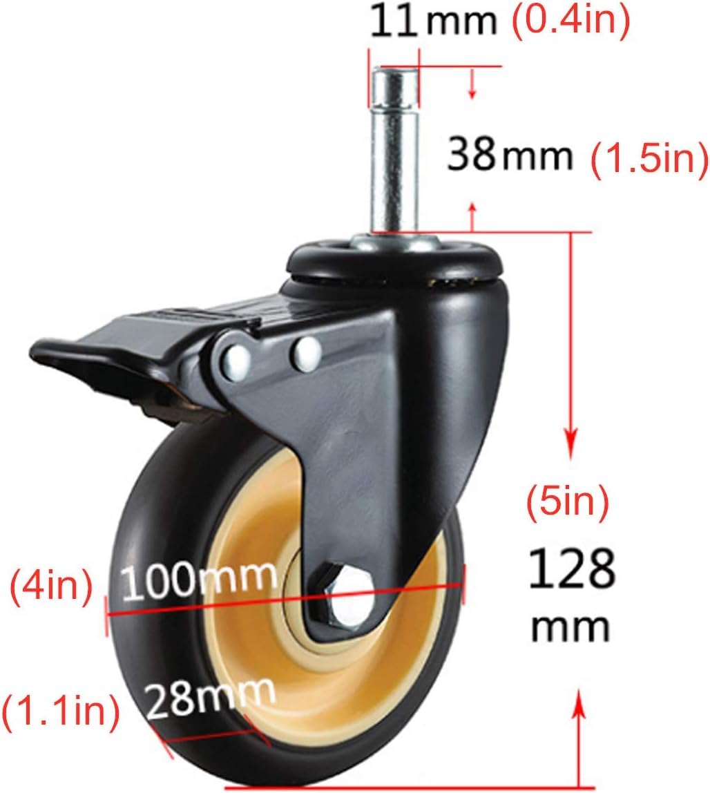 do dużych obciążeń TPR koła skrętne - Przemysłowy Zamienny do Wózki & Stoły warsztatowe, M11x38mm, zestaw 4 sztuk(Hamulec,100mm/4in)