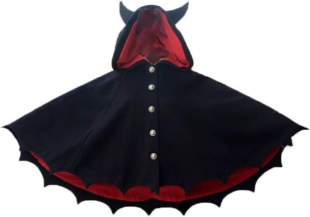 DUNHAO COS Lolita New Devil Ears Bat Cloak Shawl Woolen Coat Cosplay Female Autumn Winter Coat Black