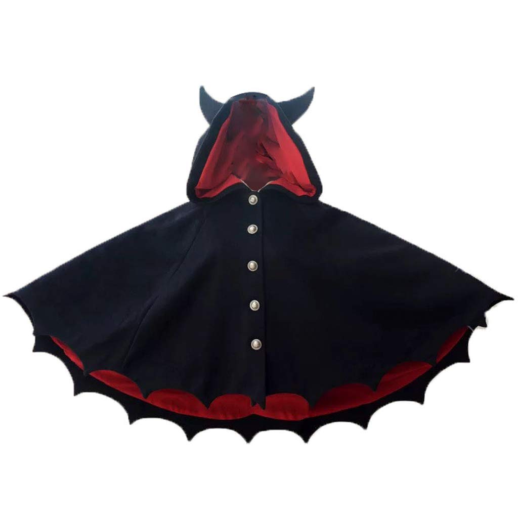 DUNHAO COS Lolita New Devil Ears Bat Cloak Shawl Woolen Coat Cosplay Female Autumn Winter Coat Black, Black, One size