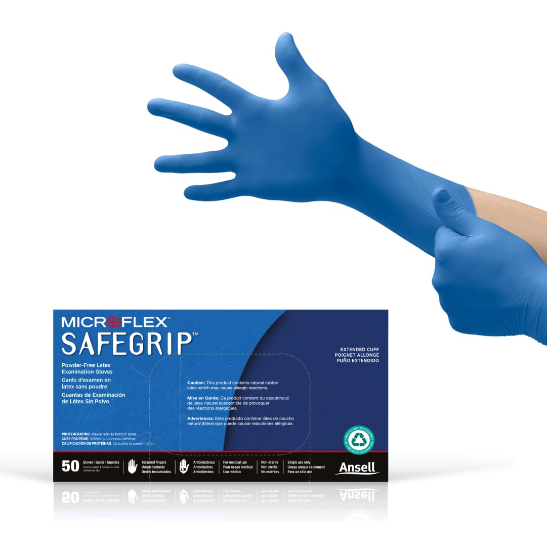 Ansell Microflex SafeGrip SG-375 Extra Thick Disposable Latex Gloves for Life Sciences, Automotive w/Textured Fingertips - Medium Blue (Box of 50)