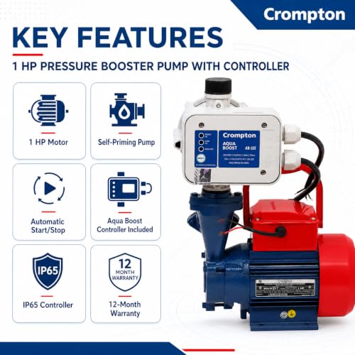 Image of Crompton 1hp Pressure Booster Pump | 1hp with Automatic Pump Controller |Water Pump 1hp for 3-4 bathrooms and kitchen | 12 months on site warranty