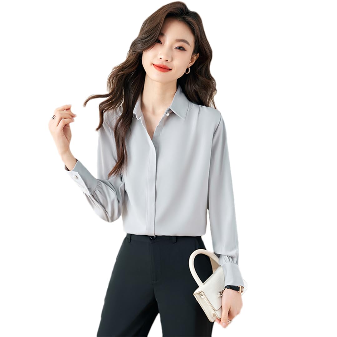 Disimlarl Camisa de manga larga para mujer, holgada, casual, formal, de gasa, para oficina y trabajo