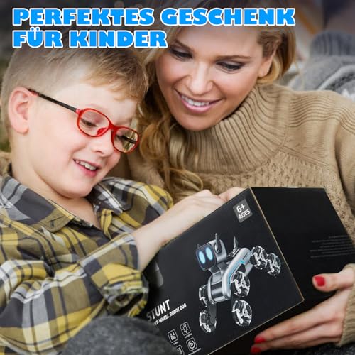 SIMREX Roboter Hund RC Stunt Auto Spielzeug - interaktive Fernbedienung Auto mit Gestentensteuerung & Mecanum Räder, LED-Augen, 3 Soundeffekte, Geburtstagsgeschenk für Kinder Jungen Mädchen Alter 6+