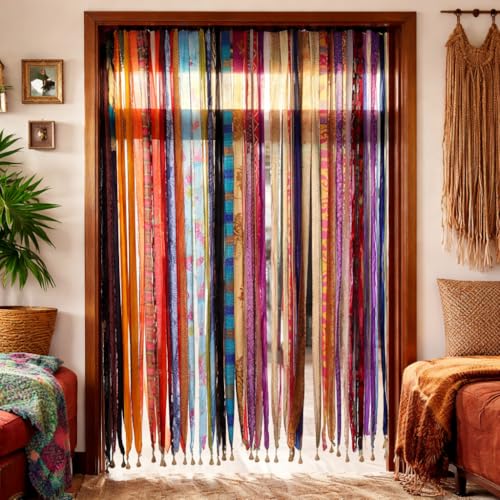 Handmade Boho Silk Sari Ribbon Hippie Curtain Doorway Divider, Recycled Saree Fabric Drape with Bells, Light-Filtering Multicolor Rod Pocket Curtain for Bedroom & Living Room Décor 85x45 Inch