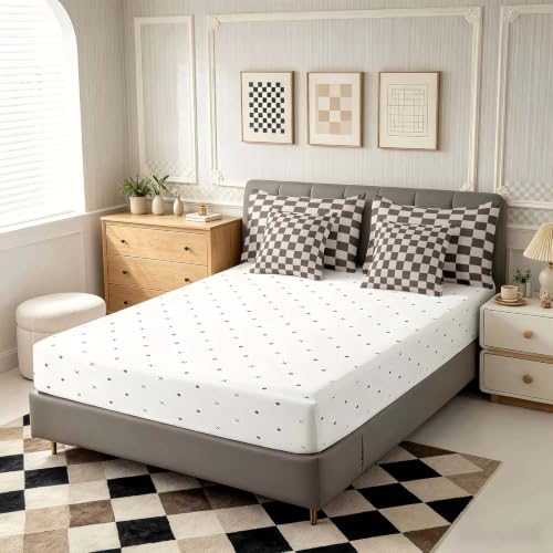 Image of Feelyou Checkered Retro 7 Piece Bedding Set Teen Women Men Gradient Brown Plaid Comforter Set with Sheets Full Size Kids Boys Geometric Vintage Bed in a Bag Modern Simple Groovy Aesthetic Room Decor