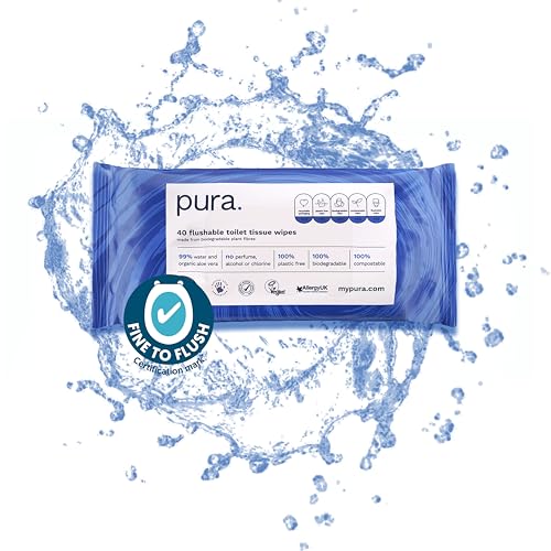 Pura Öko Spülbares Feuchtpapier, 1 Packung (40 Tücher), 100% plastikfrei, 99% Wasser, sensible und pflegende Feuchttücher, zertifiziert 'Fine to Flush' biologisch abbaubar, vegan