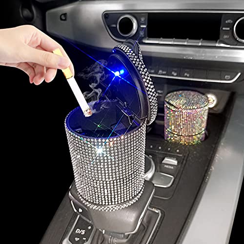 Image of ikasus Bling Crystal Car Ashtray Cigarettes with White Rhinestones Auto Vehicle Air Vent Multifunctional Ash Holder Container with Blue LED Light for Women Car Trash Can