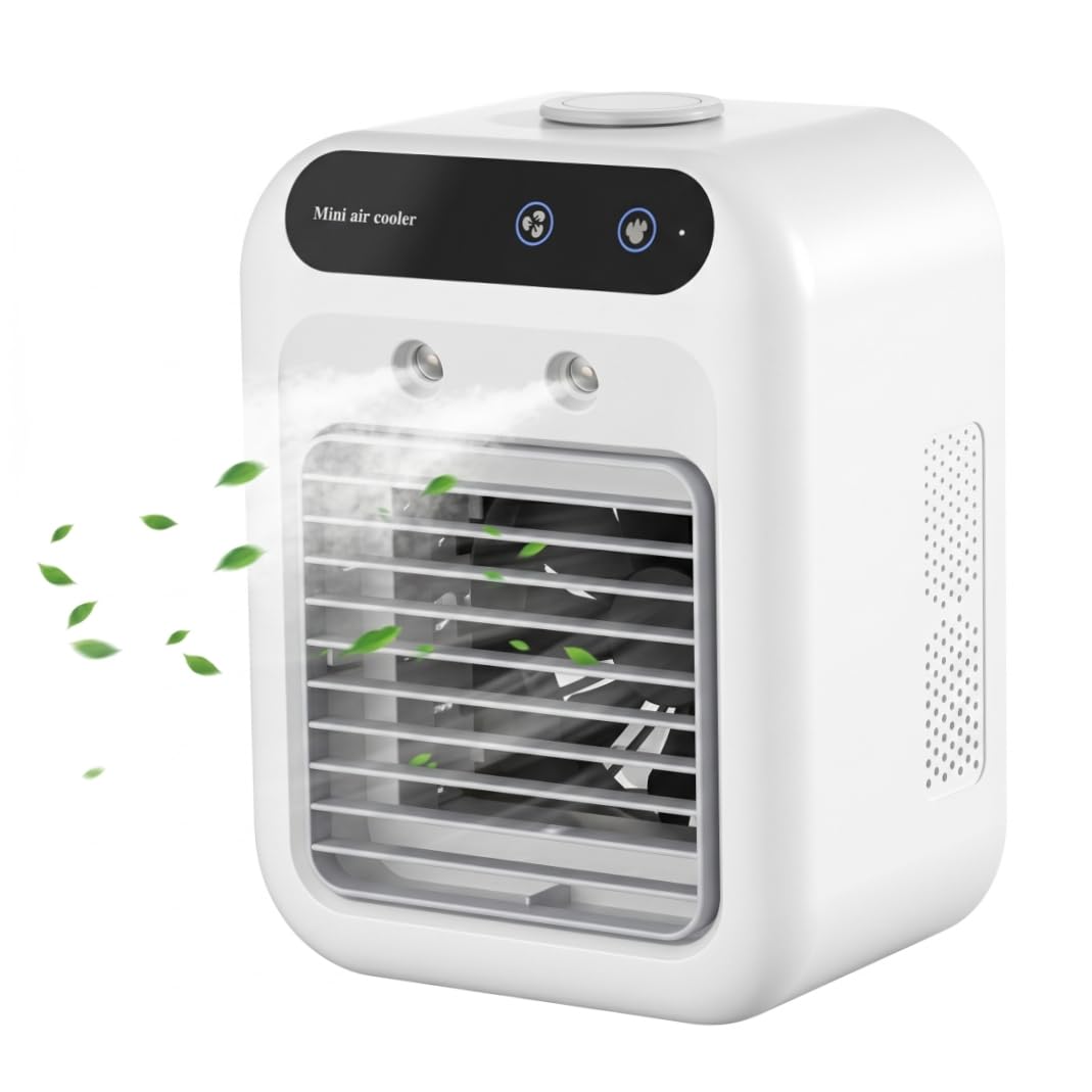 Rechargeable Portable Air Conditioner - Mini Air Cooler with Spray Humidification & 8h Timer, White