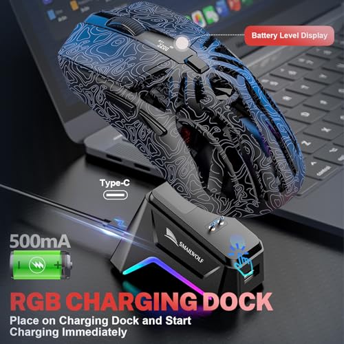 Image of RGB Magnetic Charging Dock Gaming Mouse, 12K DPI, PAW3311 Sensor, Tri-Mode Wireless, 6 Programmable Buttons, Ultra-Light 72g for PC /Mac (Black)