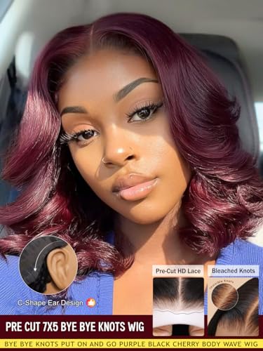 Image of Sunber Black Cherry Body Wave Bob Wig Human Hair Pre Cut 7x5 Glueless Lace Front Drawstring Wig with Curtain Bangs Natural Hairline Bye Bye Knots Pre Plucked Put and Go Wig for Women 12Inch