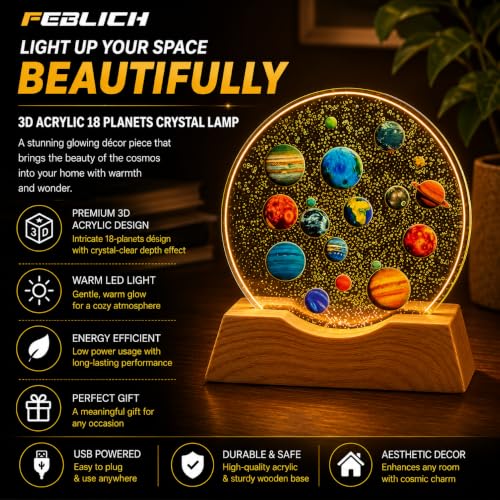 Image of 3D Acrylic LED Night Light - Warm White & 18 Planets Design with Durable Plastic Base, Decorative Table Lamp for Bedroom, Living Room, Kids Room, Study & Home Decor Gifting