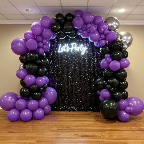 Image of Black and Purple Balloons - 132pcs 18'' 12'' and 5'' Purple Black Balloon Arch Kit with Metallic Silver Balloons for Birthday Party Halloween Graduations Corporate Event and Gaming Night