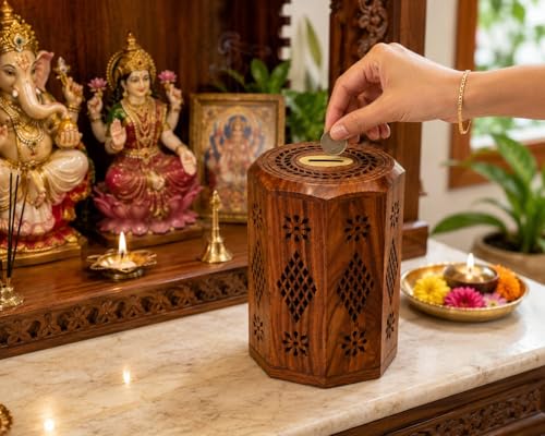 Image of Sheesham Wood Hand Crafted Master Size Large Piggy Bank | Gullak for Adults | Money Bank | Wooden Coin Bank for Boys and Girls - Open from Bottom Screw Plate- 7.5inch