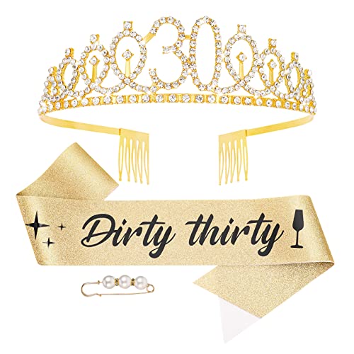Fanshiontide 30e anniversaire écharpe et diadème - Couronne d'anniversaire dorée avec strass - Tiara & Dirty Thirty - Ceinture en or gaufré - Pour filles et femmes - Pour 30e anniversaire Cover