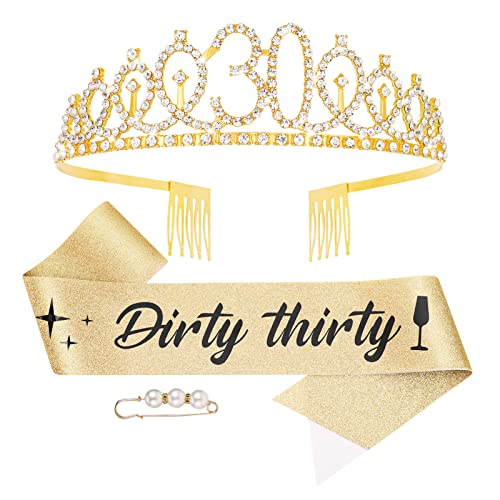 Fanshiontide 30.Geburtstag Schärpe und Tiara, Gold GeburtstagsKrone Strass Tiara & Dirty Thirty Geprägter Gold Gürtel für Mädchen Frauen Alles Gute zum 30. Geburtstag Party Favor Supplies