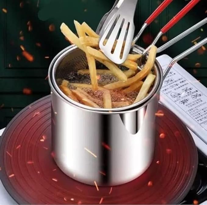 Image of Small Deep Frying Pot with Strainer Basket - 1200ml Stainless Steel Pan with Handle