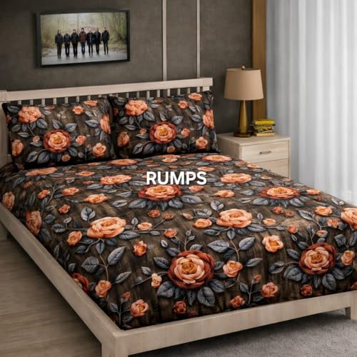 Image of RUMPS 380 TC Premium Heavy Cotton 7D Print Fast Colour Feel Elastic Fitted Floral Bedsheet King Size with 2 Pillow Covers || (Brown,Red, Fitted - Double-72 x72)