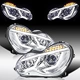 Autozensation Compatible with 2001-2007 Mercedes Benz W203 C-Class Sedan LED Strip Signal Clear Projector Headlights L + R Pair Headlamp