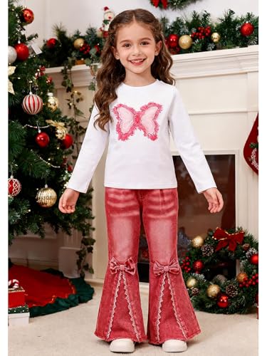 Image of Toddler Girl Clothes Long Sleeve Cartoon & Letter Graphic Top + Fruit Stationery Print Flared Leg Pants