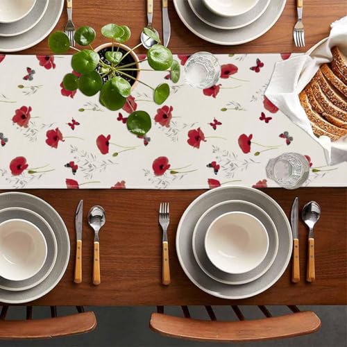 ZCHOMI Red Poppy Table Runner 13x72 Inch Spring Summer Butterfly Kitchen Dinning Table Decoration for Indoor Outdoor Home Party Décor by ZCHOMI - Used condition - Image 5
