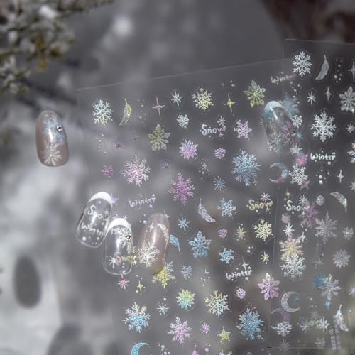 Image of Snowflake Nail Art Stickers Gradient Ramp Snow Nail Stickers for Nail Art | Holographic Nail Decals 5D Self Adhesive Winter Design for Women Christmas Manicure Decoration Accessories Supply 1 Sheet