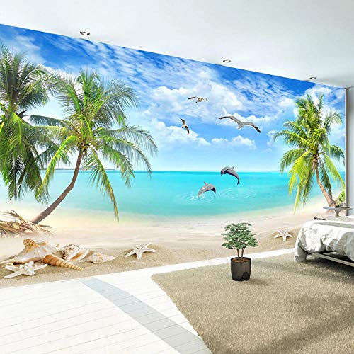 IWJAI Fotomural Vinilo de Pared Cocotero playa paisaje marino Fotomural TV Mural papel pintado...