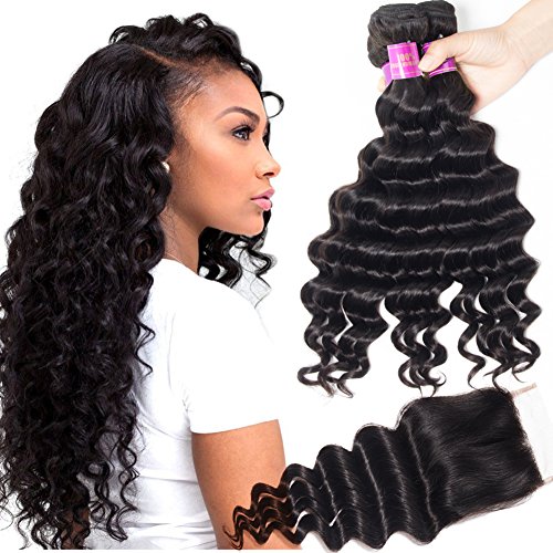 Star Show Hair Malaysian Loose Deep Wave Bundles with Closure Virgin Loose Wave Human Hair Extensions(18 20 22 with 16Free Part Closure)