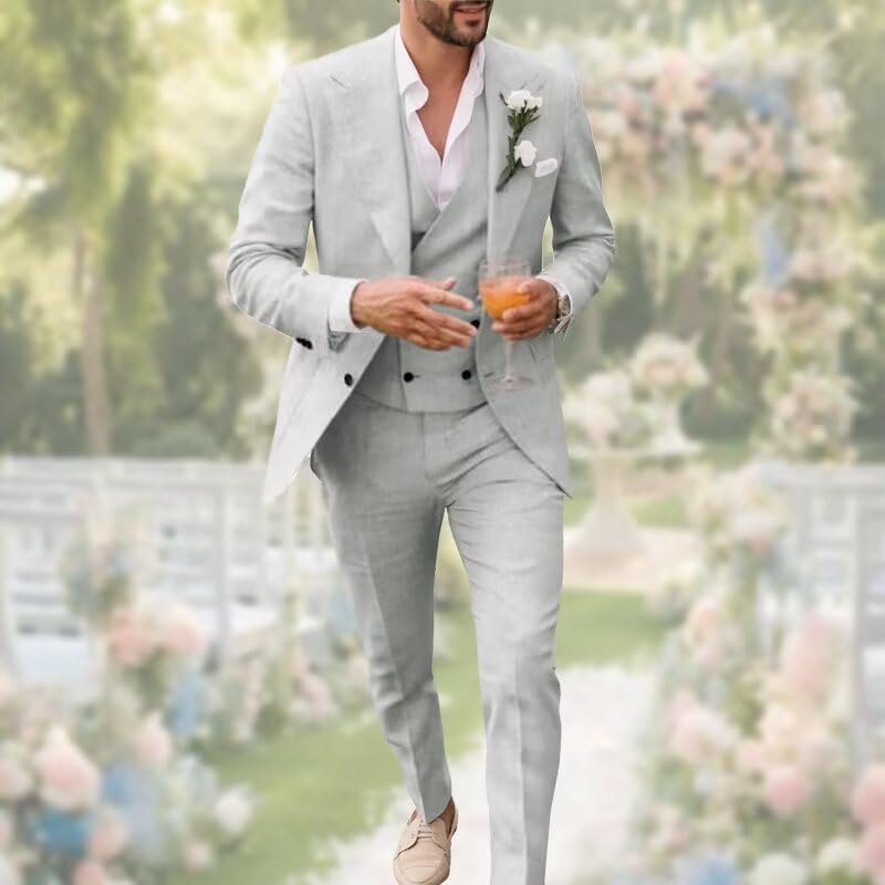 Men's Linen Double Breasted Suits Slim Fit 3 Piece Suits for Men Beach Wedding Tuxedo for Groom Prom Suit Set3