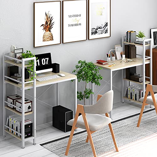 Image of 4NM 35 inch Small Computer Desk with 4-Tier Bookshelf, Home Office Desk Writing Workstation Study Table Multipurpose for Small Space Work - Natural and White