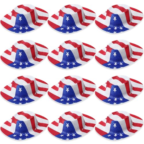 Image of Shyyween 12 /24 Pcs American Flag Plastic Hats Patriotic 4th of July Cowboy Hats White Blue Red Caps for Independence Day