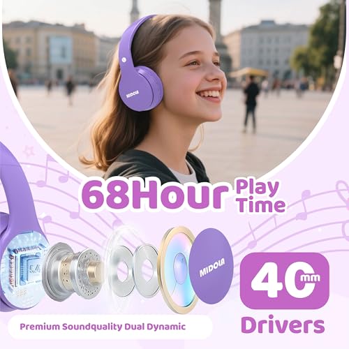 Image of MIDOLA Kids Headphones Bluetooth 5.4 Wireless 68H Play Time Volume Limit 85 /94dB Over-Ear Foldable Headset,Type-C Fast Charging,Wired Aux Mic for Toddler Child Pad Tablet Light Purple