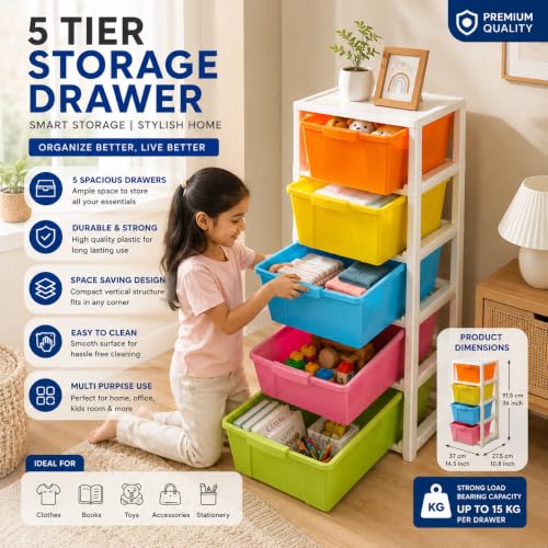 Image of 5XL Extra Large Plastic Drawer Organizer - Modular Storage Cabinet for Kitchen, Bathroom & Home (Space-Saving Design, 27x32x85 cm, Multicolour)