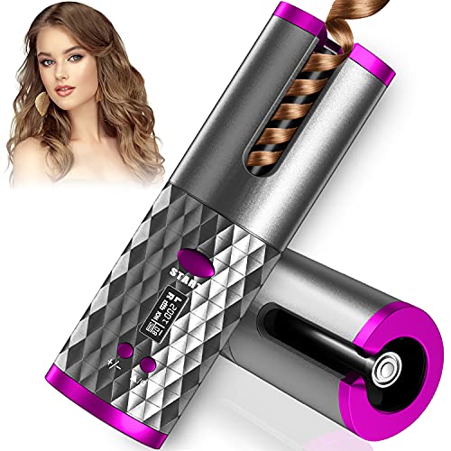 Cordless Hair Curler, Automatic Curling Iron with 6 Adjustable Temperature, Auto Rotating Ceramic Barrel Hair Curler Fast Heating, Portable USB Rechargeable Beach Waves Curling Iron Wand