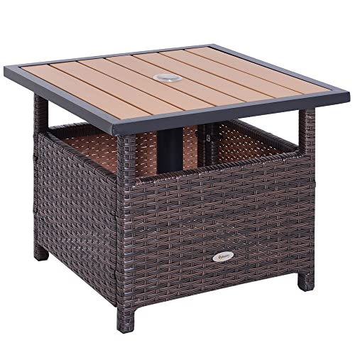 Outsunny 22' Outdoor Side Table with Umbrella Hole, Rattan Wicker End Table with Sand Bag and Steel Frame for Outdoor, Patio, Garden, Backyard, Brown & Light Yellow