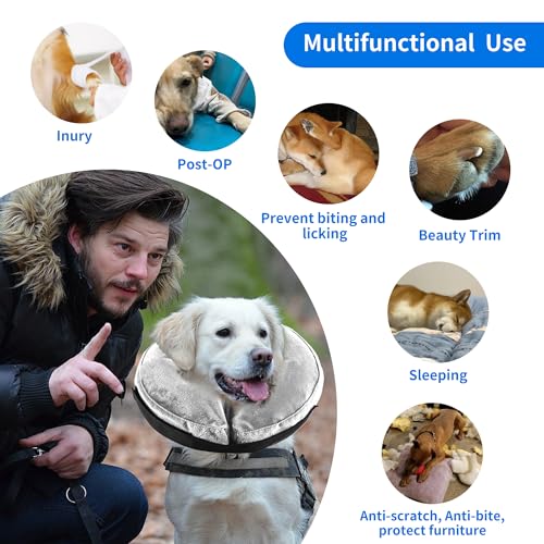 Aufblasbare Halskrause Hunde, Verstellbarer Schutzkragen nach Operationen, Weicher Anti-Leck-Kragen mit Atmungsaktivem Material, Sichtfreundliches Elizabethanisches Halsband für Hunde (Grau, L)