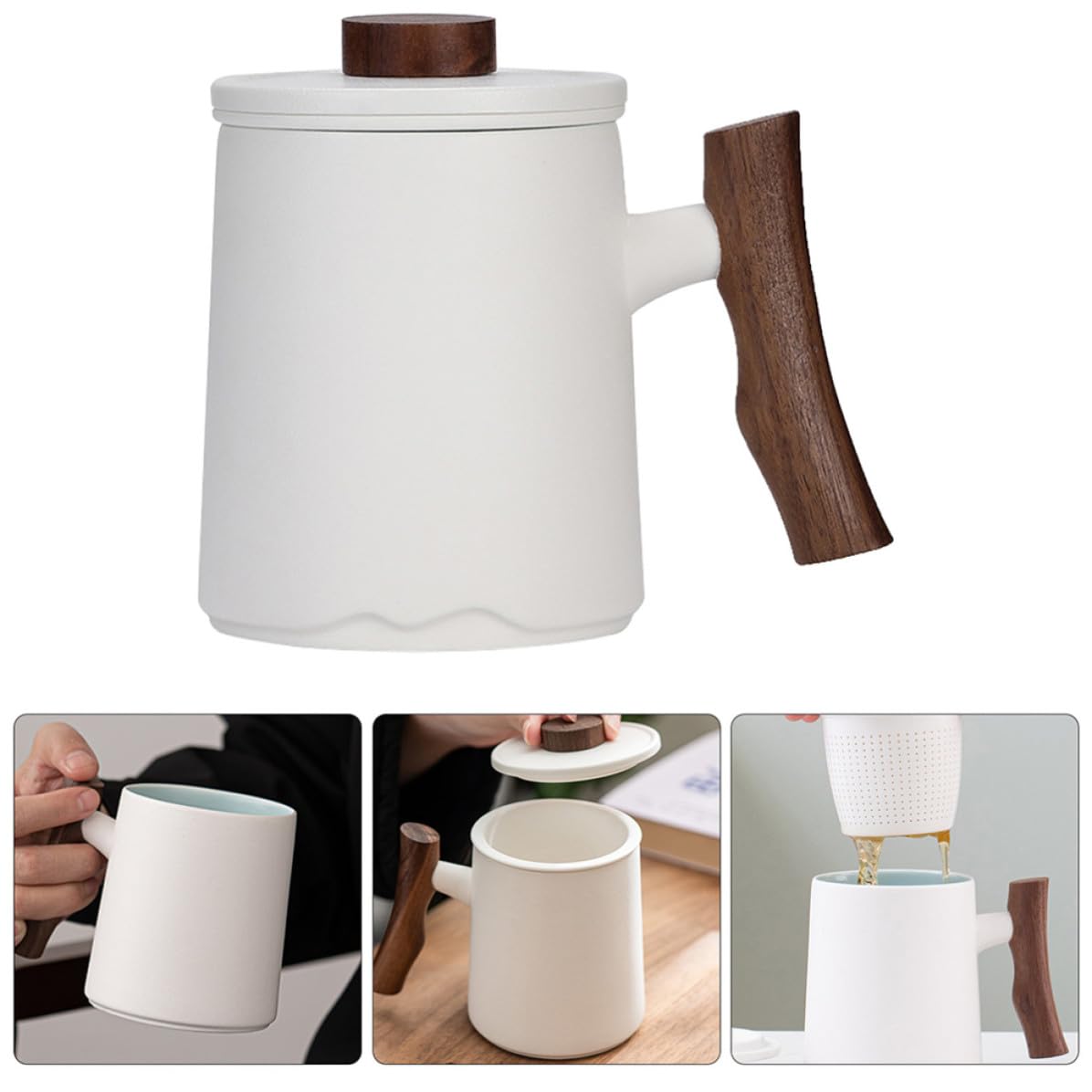 SOLUSTRE Taza de Cerámica Diseño Elegante y Minimalista y Mango de Madera de 360ml con Filtro para Infusiones para Diversas Ocasiones