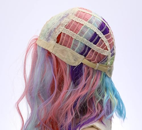 Image of PATTNIUM Kids Rainbow Wig Child Short Wavy Wig Multicolor Colorful Wigs for Girls Synthetic Wigs