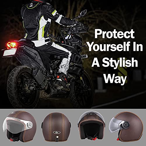Image of O2 Star Leather Unisex Open Face Helmet with Scratch-Resistant Transparent Visor & Adjustable Strap for Bike Scooty Ride (Brown- M)