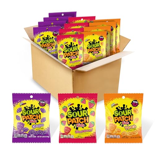 SOUR PATCH KIDS Fruit Flavors Soft & Chewy Candy Variety Pack, Peach, Grape, Strawberry, 12 Bags