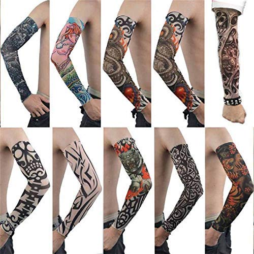 STYLISTY IND Women's and Men's Nylon Stretch Tattoo Printed Full Hand Arm Sleeves Gloves - 10 Pair Sleeves