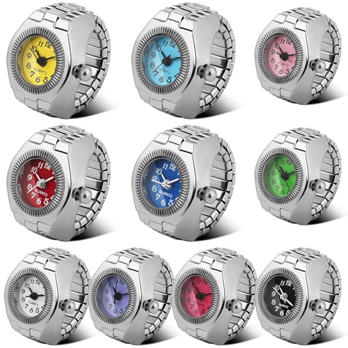 Landical 10 Pcs Finger Watches for Women Men Adjustable Clock Rings Bulk Creative Elastic Round Quartz Finger Watches(Fashionable Color Elegant)