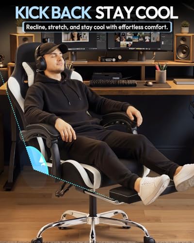 Image of Dowinx Ergonomic Gaming Chair with Footrest & Massage Lumbar, 2D-Linkage Armrests for Computer Chair 330lbs with Headrest Pillow for Office, Home, Streaming and Long Gaming Sessions, Fabric White
