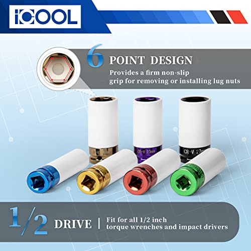 ICOOL 7pcs 1/2 Inch Lug Nut Socket Set, Metric 6 Point Drive Wheel Protector Socket, Deep Non-marring Impact Socket Set for Tire Protection