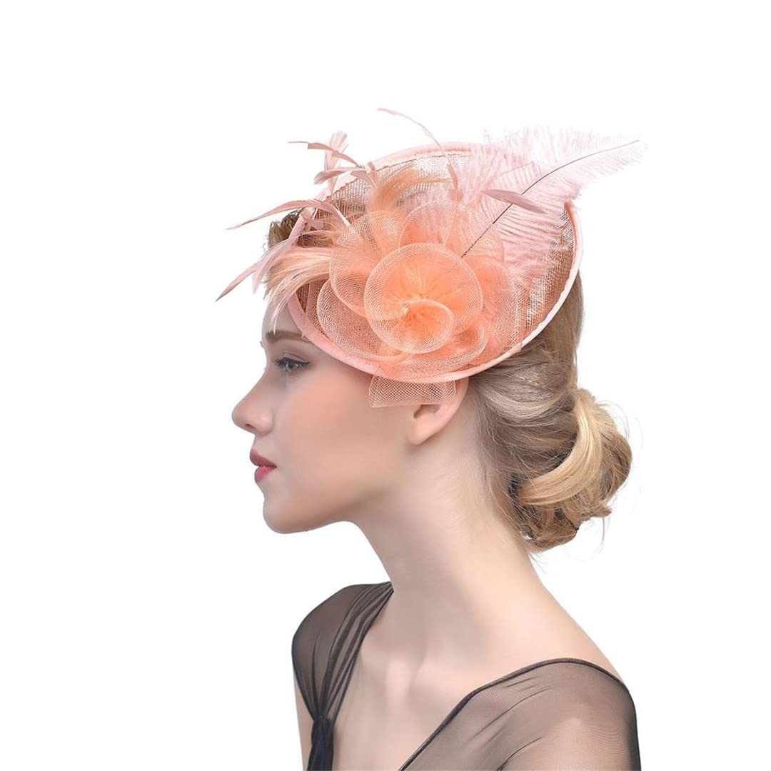 FBHappiness Fascinator Feathers Headpiece Cocktail Tea Party Headwear Flower Mesh Headwear Hair Clip For Wedding,Feather Flower Hair Clip(Champagne)