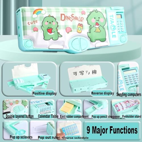 Image of KiddieWorld School Students Pencil Box with Calculator Cute Cartoon Stationary Compass for Boys Geometry Box with Inbuilt Scissor Ruler & Sharpener Magnetic Box Best Gifts (Dino Calculator)