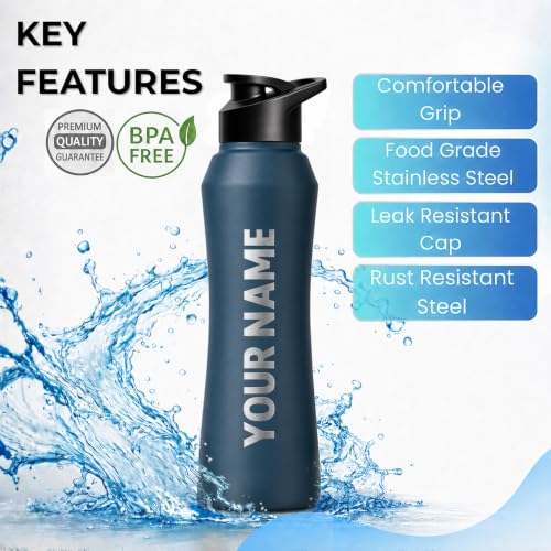 Image of Speedex Customised Engraved Name Stainless Steel Water Bottle 1 Ltr - Personalised Sipper Cap Bottle for Kids, Men & Women, School, Gym, Travel, BIS Approved, Teal Blue, Set of 1